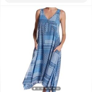 Nanette Lepore Blue Printed Patchwork Sleeveless Hankerchief Dress with Pockets.